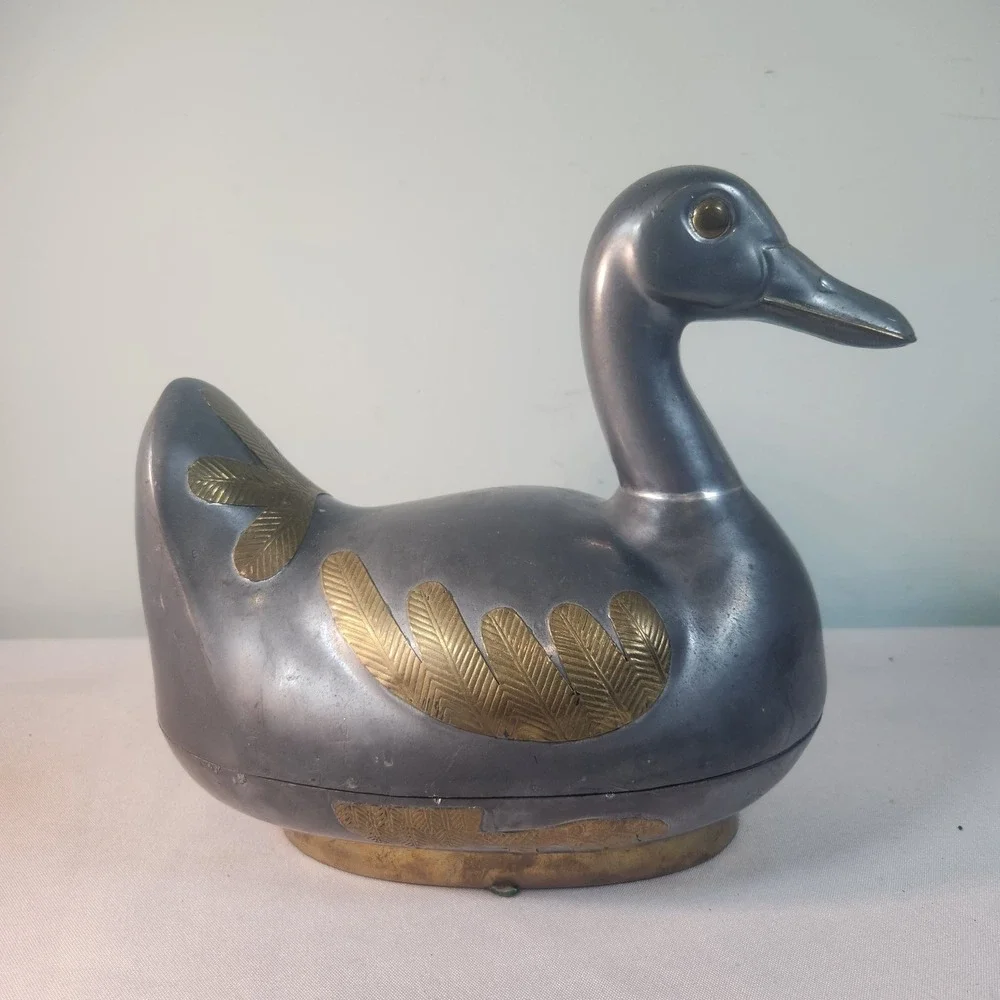 Vintage Pewter & Brass Duck Trinket Box • Lidded Metal Bird Sculpture • Boho